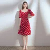 Chic / Beautiful Red Chiffon Homecoming Graduation Dresses 2020 A-Line / Princess Square Neckline Puffy 1/2 Sleeves Spotted Knee-Length Ruffle Backless Formal Dresses