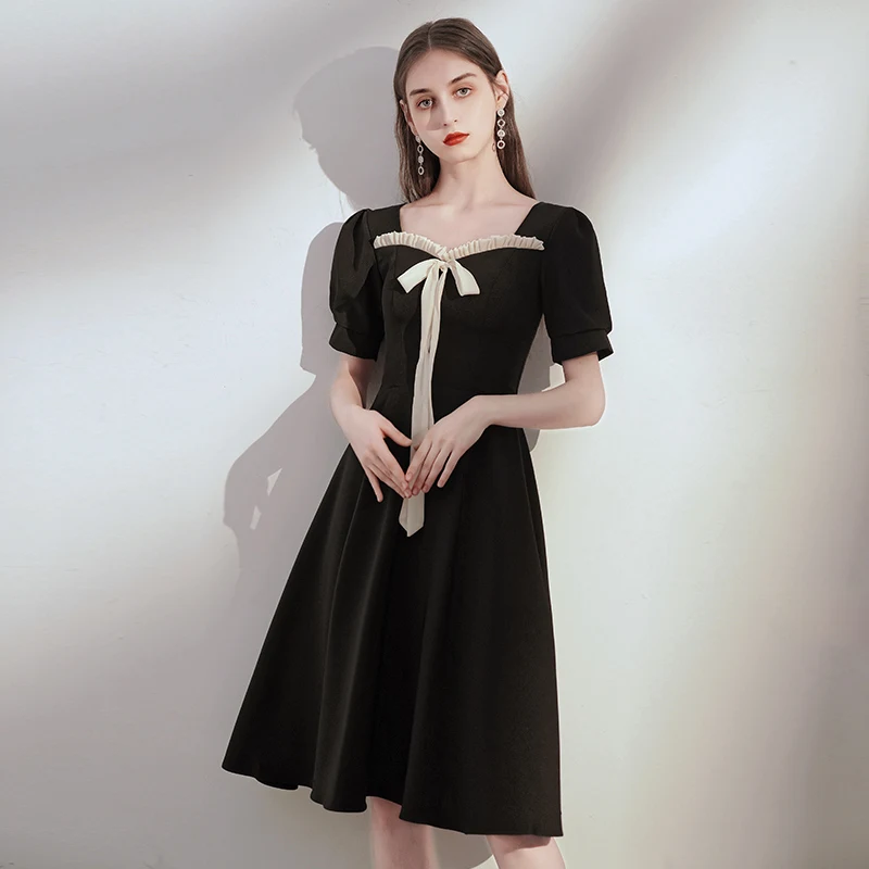 Victorian Style Black Homecoming Graduation Dresses 2020 A Line Princess  Square Neckline Puffy Short Sleeve Bow Knee Length Ruffle Backless Formal  Dresses