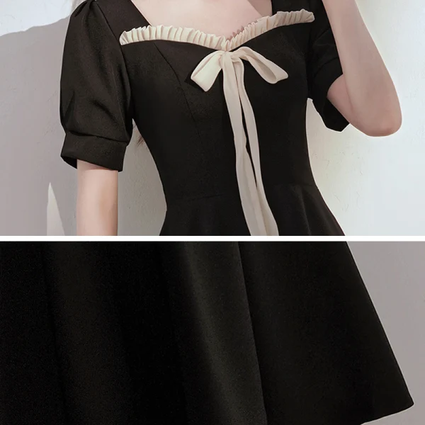 Style Victorien Noire de retour Robe De Graduation 2020 Princesse Encolure Carrée Gonflée Manches Courtes Noeud Mi-Longues Volants Dos Nu Robe De Ceremonie
