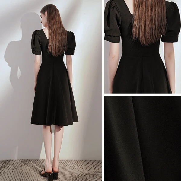 Style Victorien Noire de retour Robe De Graduation 2020 Princesse Encolure Carrée Gonflée Manches Courtes Noeud Mi-Longues Volants Dos Nu Robe De Ceremonie