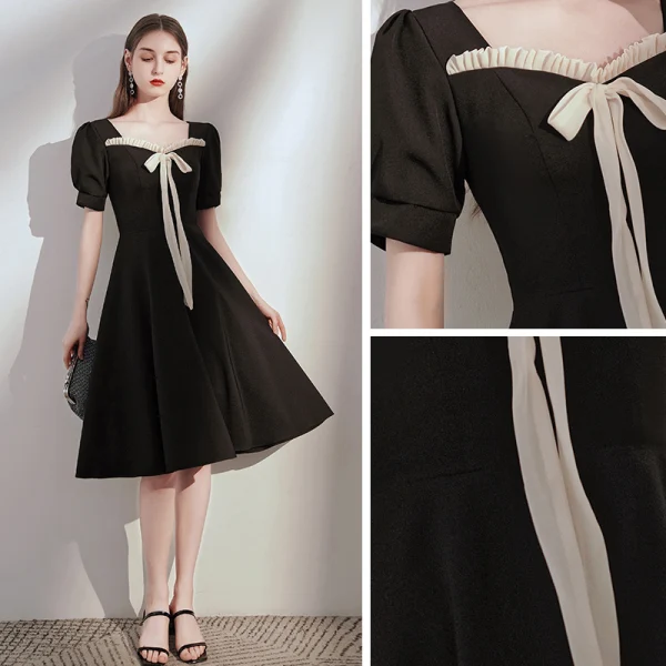 Style Victorien Noire de retour Robe De Graduation 2020 Princesse Encolure Carrée Gonflée Manches Courtes Noeud Mi-Longues Volants Dos Nu Robe De Ceremonie
