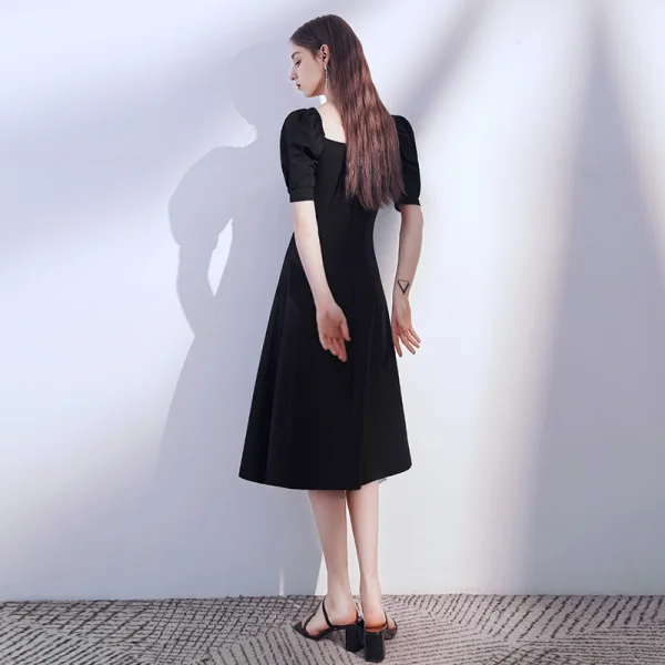 Modest / Simple Black Homecoming Graduation Dresses 2020 A-Line / Princess Off-The-Shoulder Puffy Short Sleeve Backless Tea-length Ruffle Little Black