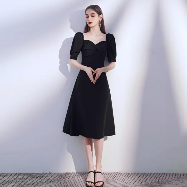 Modest / Simple Black Homecoming Graduation Dresses 2020 A-Line / Princess Off-The-Shoulder Puffy Short Sleeve Backless Tea-length Ruffle Little Black Dress