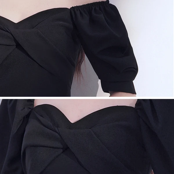 Modest / Simple Black Homecoming Graduation Dresses 2020 A-Line / Princess Off-The-Shoulder Puffy Short Sleeve Backless Tea-length Ruffle Little Black Dress