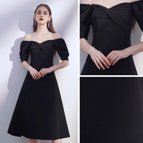 Modest / Simple Black Homecoming Graduation Dresses 2020 A-Line / Princess Off-The-Shoulder Puffy Short Sleeve Backless Tea-length Ruffle Little Black Dress