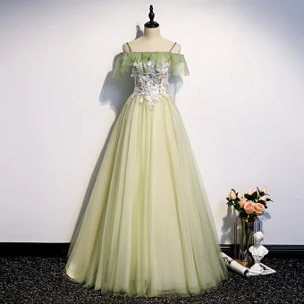 Élégant Vert Cendré Robe De Soirée 2020 Princesse De L 039 Épaule Manches Courtes Appliques Fleur Perlage Perle Glitter Tulle Longue Dos Nu Robe De Ceremonie
