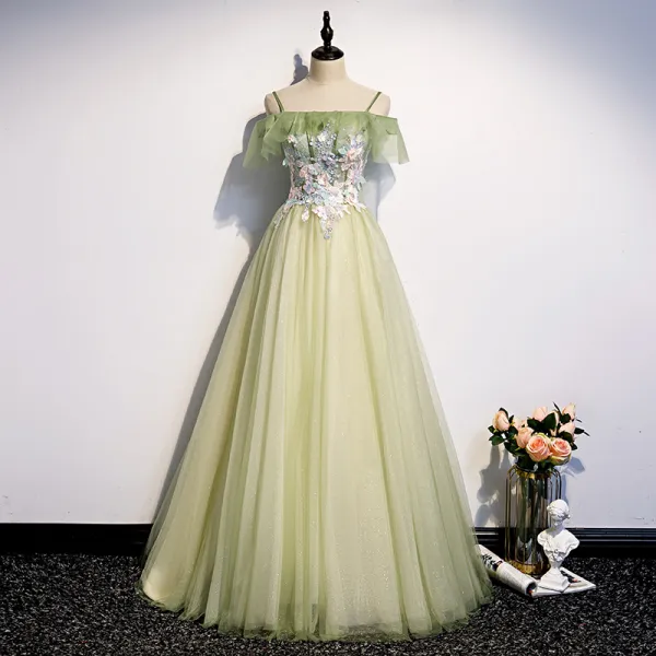 Elegant Sage Green Evening Dresses  2020 A-Line / Princess Off-The-Shoulder Short Sleeve Appliques Flower Beading Pearl Glitter Tulle Floor-Length / Long Backless Formal Dresses