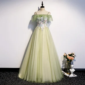 Elegant Salvie Grønn Selskapskjoler 2020 Prinsesse Av Skulderen Korte Ermer Appliques Blomst Beading Perle Glitter Tyll Lange Ryggløse Formelle Kjoler