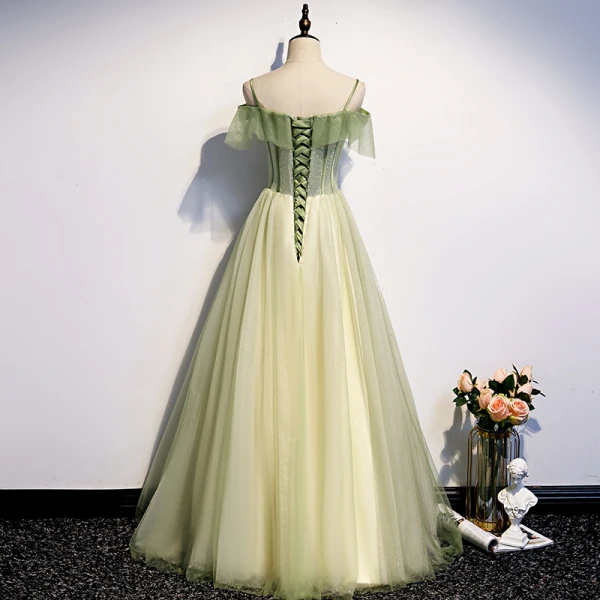 Elegant Sage Green Evening Dresses 2020 A-Line / Princess Off-The-Shoulder Short Sleeve Appliques Flower Beading Pearl Glitter Tulle Floor-Length / Long Backless Formal Dresses