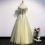 Elegant Sage Green Evening Dresses  2020 A-Line / Princess Off-The-Shoulder Short Sleeve Appliques Flower Beading Pearl Glitter Tulle Floor-Length / Long Backless Formal Dresses