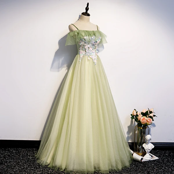 Elegant Sage Green Evening Dresses 2020 A-Line / Princess Off-The-Shoulder Short Sleeve Appliques Flower Beading Pearl Glitter Tulle Floor-Length / Long Backless Formal Dresses