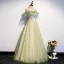 Elegant Sage Green Evening Dresses  2020 A-Line / Princess Off-The-Shoulder Short Sleeve Appliques Flower Beading Pearl Glitter Tulle Floor-Length / Long Backless Formal Dresses
