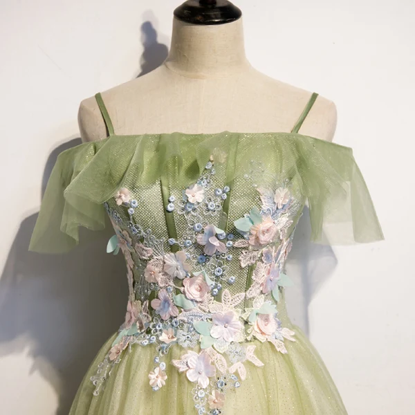 Elegant Sage Green Evening Dresses 2020 A-Line / Princess Off-The-Shoulder Short Sleeve Appliques Flower Beading Pearl Glitter Tulle Floor-Length / Long Backless Formal Dresses