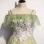 Elegant Sage Green Evening Dresses  2020 A-Line / Princess Off-The-Shoulder Short Sleeve Appliques Flower Beading Pearl Glitter Tulle Floor-Length / Long Backless Formal Dresses