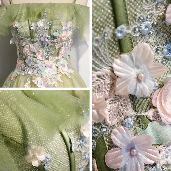 Elegant Sage Green Evening Dresses 2020 A-Line / Princess Off-The-Shoulder Short Sleeve Appliques Flower Beading Pearl Glitter Tulle Floor-Length / Long Backless Formal Dresses