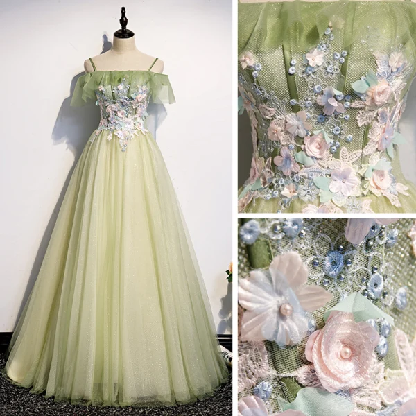 Elegant Sage Green Evening Dresses 2020 A-Line / Princess Off-The-Shoulder Short Sleeve Appliques Flower Beading Pearl Glitter Tulle Floor-Length / Long Backless Formal Dresses