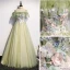 Elegant Sage Green Evening Dresses  2020 A-Line / Princess Off-The-Shoulder Short Sleeve Appliques Flower Beading Pearl Glitter Tulle Floor-Length / Long Backless Formal Dresses