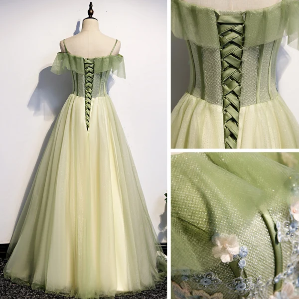Elegant Sage Green Evening Dresses 2020 A-Line / Princess Off-The-Shoulder Short Sleeve Appliques Flower Beading Pearl Glitter Tulle Floor-Length / Long Backless Formal Dresses