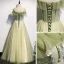 Elegant Sage Green Evening Dresses  2020 A-Line / Princess Off-The-Shoulder Short Sleeve Appliques Flower Beading Pearl Glitter Tulle Floor-Length / Long Backless Formal Dresses