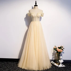 Best Champagne Evening Dresses 2020 A Line Princess Off The Shoulder Short Sleeve Beading Pearl Glitter Tulle Floor Length Long Ruffle Backless Formal Dresses