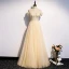 Best Champagne Evening Dresses  2020 A-Line / Princess Off-The-Shoulder Short Sleeve Beading Pearl Glitter Tulle Floor-Length / Long Ruffle Backless Formal Dresses