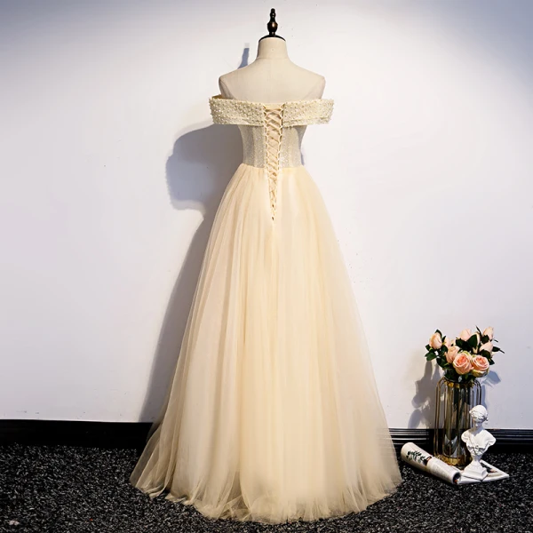 Best Champagne Evening Dresses 2020 A-Line / Princess Off-The-Shoulder Short Sleeve Beading Pearl Glitter Tulle Floor-Length / Long Ruffle Backless Formal Dresses