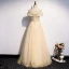 Best Champagne Evening Dresses  2020 A-Line / Princess Off-The-Shoulder Short Sleeve Beading Pearl Glitter Tulle Floor-Length / Long Ruffle Backless Formal Dresses