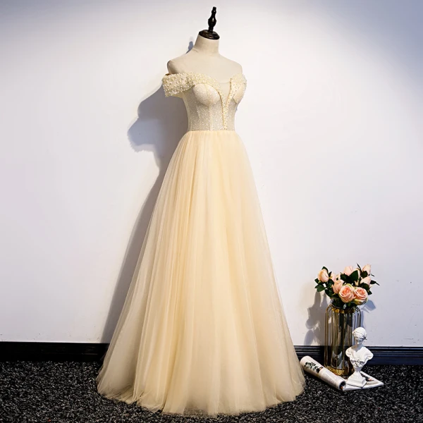 Best Champagne Evening Dresses 2020 A-Line / Princess Off-The-Shoulder Short Sleeve Beading Pearl Glitter Tulle Floor-Length / Long Ruffle Backless Formal Dresses