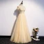 Best Champagne Evening Dresses  2020 A-Line / Princess Off-The-Shoulder Short Sleeve Beading Pearl Glitter Tulle Floor-Length / Long Ruffle Backless Formal Dresses