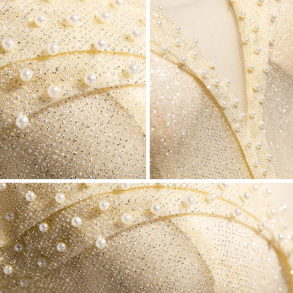 Best Champagne Evening Dresses 2020 A-Line / Princess Off-The-Shoulder Short Sleeve Beading Pearl Glitter Tulle Floor-Length / Long Ruffle Backless Formal Dresses