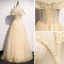 Best Champagne Evening Dresses  2020 A-Line / Princess Off-The-Shoulder Short Sleeve Beading Pearl Glitter Tulle Floor-Length / Long Ruffle Backless Formal Dresses