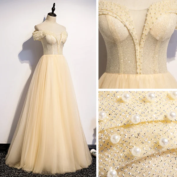 Best Champagne Evening Dresses 2020 A-Line / Princess Off-The-Shoulder Short Sleeve Beading Pearl Glitter Tulle Floor-Length / Long Ruffle Backless Formal Dresses