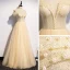 Best Champagne Evening Dresses  2020 A-Line / Princess Off-The-Shoulder Short Sleeve Beading Pearl Glitter Tulle Floor-Length / Long Ruffle Backless Formal Dresses