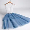 Two Tone Ocean Blue Cocktail Dresses 2020 A-Line / Princess V-Neck Sleeveless Rhinestone Sash Glitter Polyester Knee-Length Ruffle Backless Formal Dresses