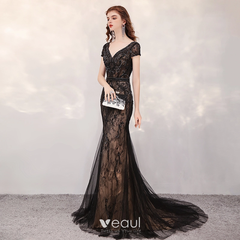 V Neck Trumpet Mermaid Black Cap Sleeve Lace Ruffles Prom Dress