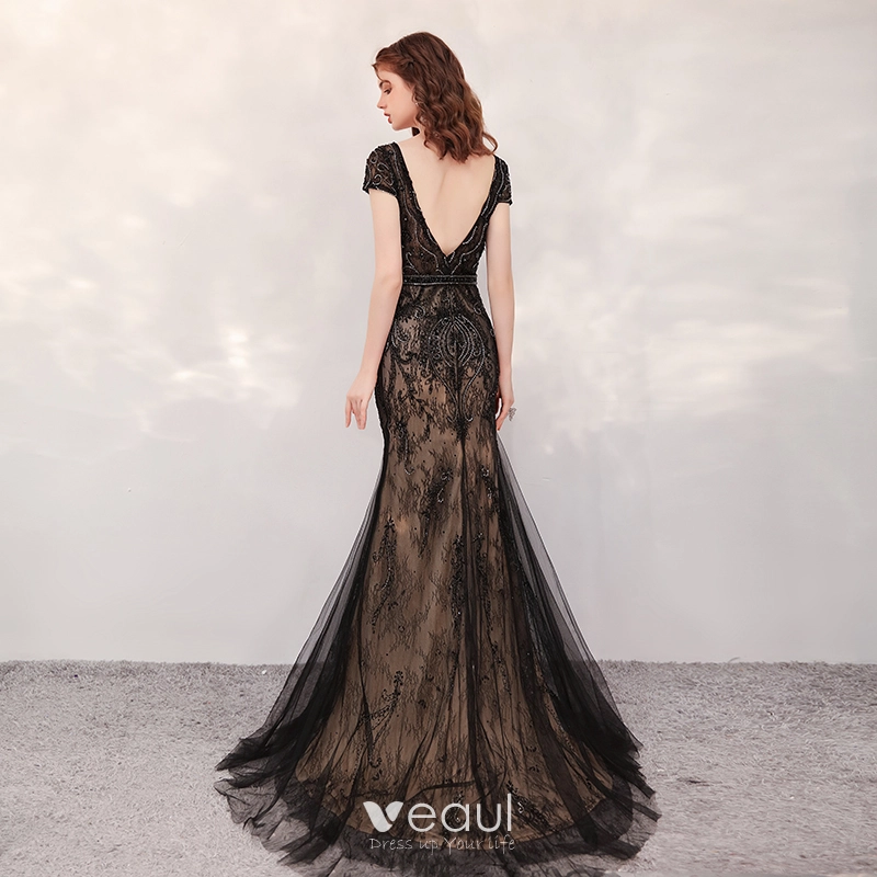 High-end Black Lace Evening Dresses 2020 Trumpet / Mermaid V-Neck Short ...