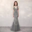 Sexy Gris Robe De Soirée 2020 Trompette / Sirène Transparentes Col v profond Sans Manches Fait main Perlage Train De Balayage Dos Nu Robe De Ceremonie