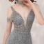 Sexy Gris Robe De Soirée 2020 Trompette / Sirène Transparentes Col v profond Sans Manches Fait main Perlage Train De Balayage Dos Nu Robe De Ceremonie