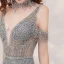 Sexy Gris Robe De Soirée 2020 Trompette / Sirène Transparentes Col v profond Sans Manches Fait main Perlage Train De Balayage Dos Nu Robe De Ceremonie