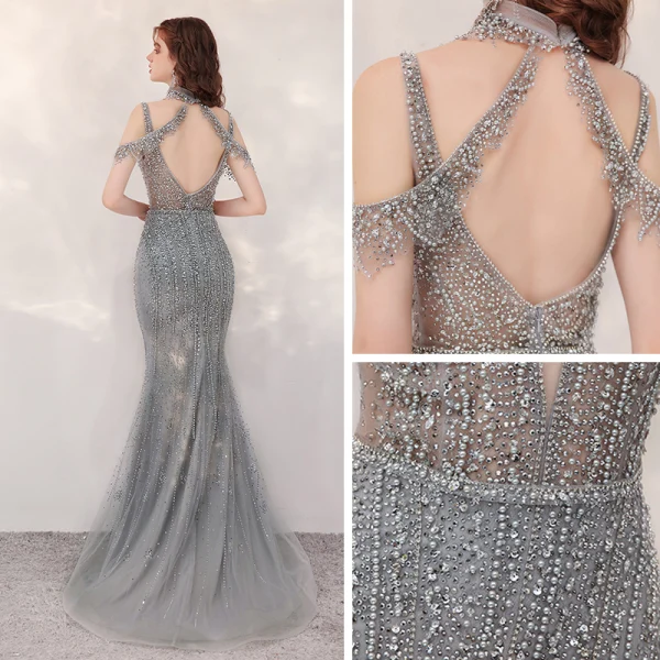 Sexy Gris Robe De Soirée 2020 Trompette / Sirène Transparentes Col v profond Sans Manches Fait main Perlage Train De Balayage Dos Nu Robe De Ceremonie
