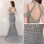Sexy Gris Robe De Soirée 2020 Trompette / Sirène Transparentes Col v profond Sans Manches Fait main Perlage Train De Balayage Dos Nu Robe De Ceremonie