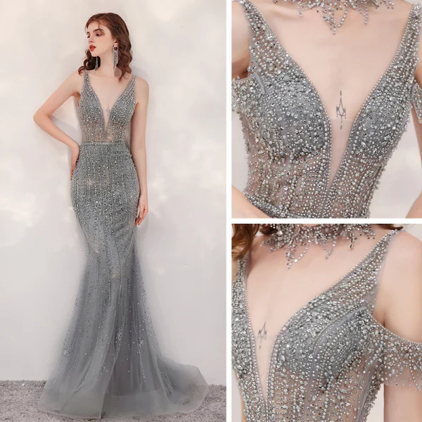 Sexy Gris Robe De Soirée 2020 Trompette / Sirène Transparentes Col v profond Sans Manches Fait main Perlage Train De Balayage Dos Nu Robe De Ceremonie