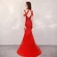 High End Rot Abendkleider 2020 Meerjungfrau Tiefer V-Ausschnitt Kurze Ärmel Handgefertigt Perlenstickerei Strass Sweep / Pinsel Zug Rückenfreies Festliche Kleider