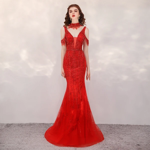 High End Rot Abendkleider 2020 Meerjungfrau Tiefer V-Ausschnitt Kurze Ärmel Handgefertigt Perlenstickerei Strass Sweep / Pinsel Zug Rückenfreies Festliche Kleider