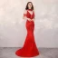 High End Rot Abendkleider 2020 Meerjungfrau Tiefer V-Ausschnitt Kurze Ärmel Handgefertigt Perlenstickerei Strass Sweep / Pinsel Zug Rückenfreies Festliche Kleider