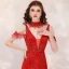 High End Rot Abendkleider 2020 Meerjungfrau Tiefer V-Ausschnitt Kurze Ärmel Handgefertigt Perlenstickerei Strass Sweep / Pinsel Zug Rückenfreies Festliche Kleider