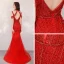 High End Rot Abendkleider 2020 Meerjungfrau Tiefer V-Ausschnitt Kurze Ärmel Handgefertigt Perlenstickerei Strass Sweep / Pinsel Zug Rückenfreies Festliche Kleider