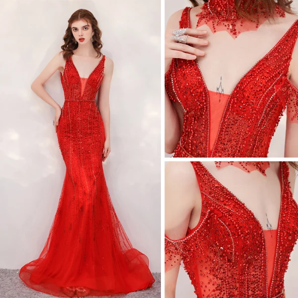 High End Rot Abendkleider 2020 Meerjungfrau Tiefer V-Ausschnitt Kurze Ärmel Handgefertigt Perlenstickerei Strass Sweep / Pinsel Zug Rückenfreies Festliche Kleider
