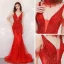 High End Rot Abendkleider 2020 Meerjungfrau Tiefer V-Ausschnitt Kurze Ärmel Handgefertigt Perlenstickerei Strass Sweep / Pinsel Zug Rückenfreies Festliche Kleider