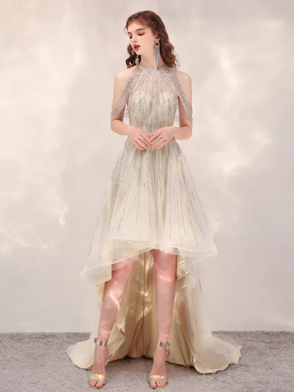 Haute Basse Champagne Transparentes Robe De Cocktail 2020 Princesse Encolure Dégagée Sans Manches Fait main Perlage Asymétrique Volants Robe De Ceremonie